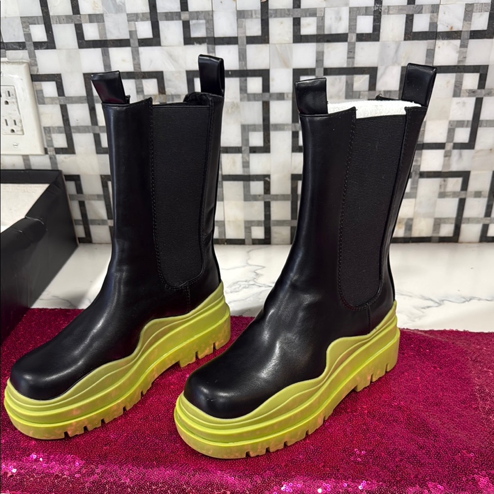 EGO Black and Green Heeled Boots with Chunky Platform